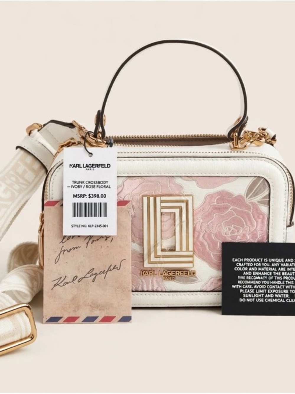Karl Lagerfeld Ivory and Pink Floral Trunk Crossbody with Gold Hardware